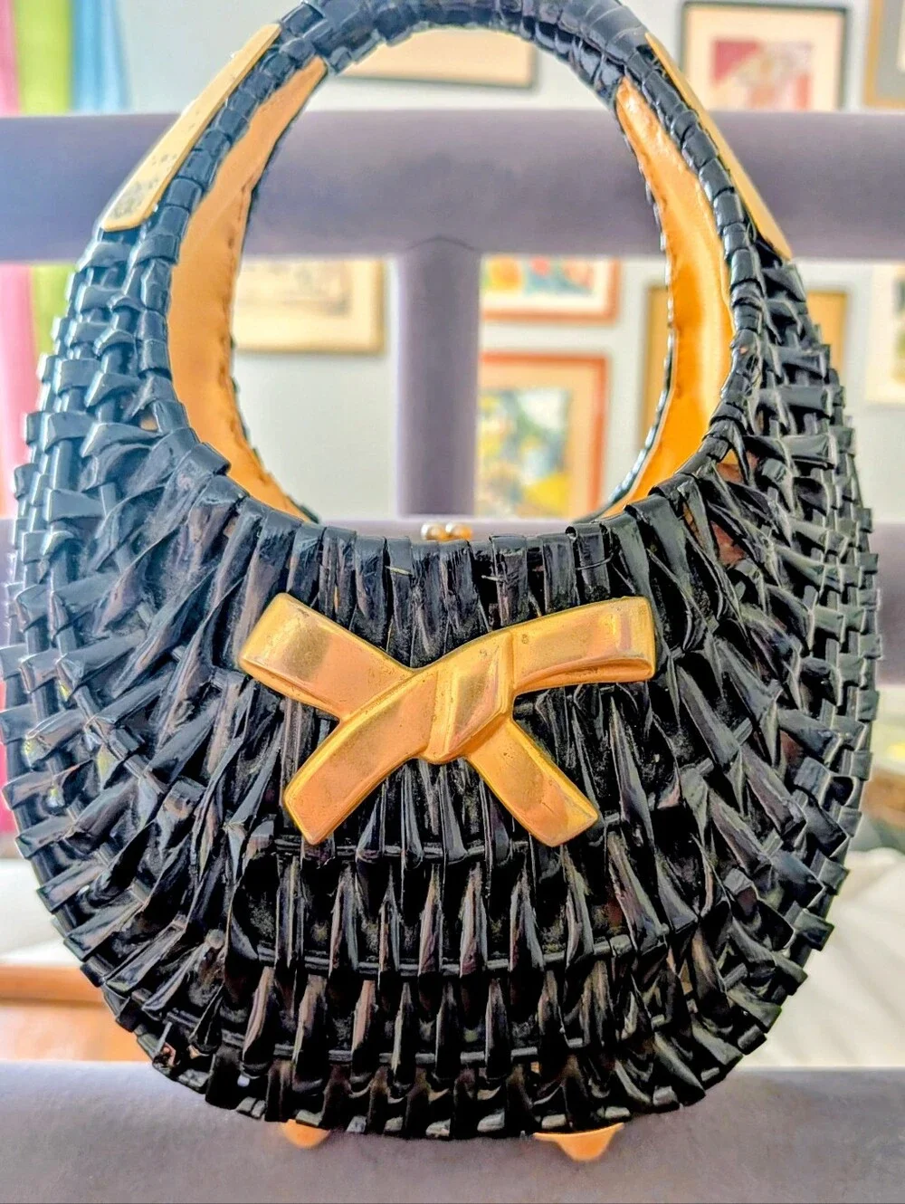 Vintage 1960's Koret Blk Woven Small Purse w Attached Coinpurse. Italy. EUC.